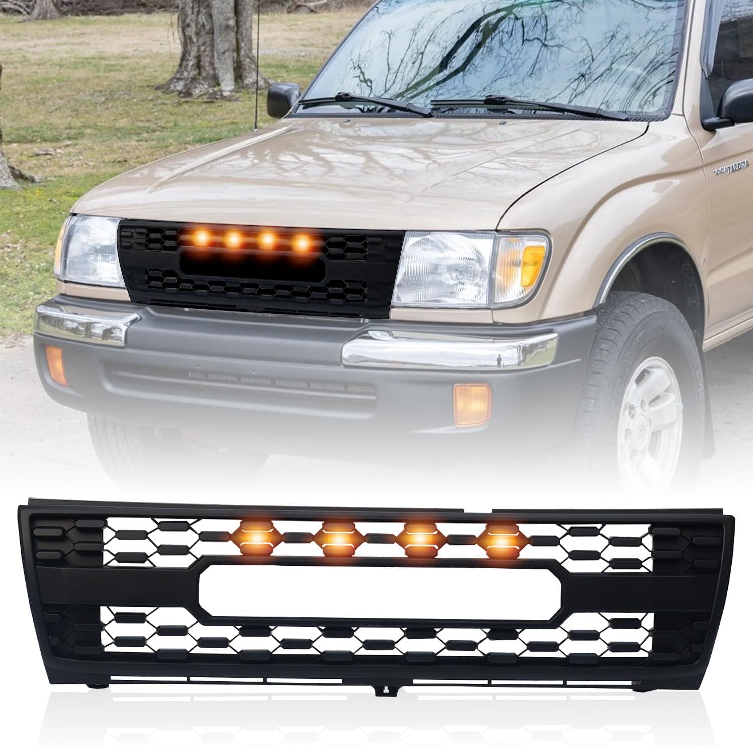 Front Grill for 1998 1999 2000 Tacoma, TRD Style Front Bumper Mesh Replacement Grille with 4 Amber Led Lights Accessories, Matte Black, 1 Set