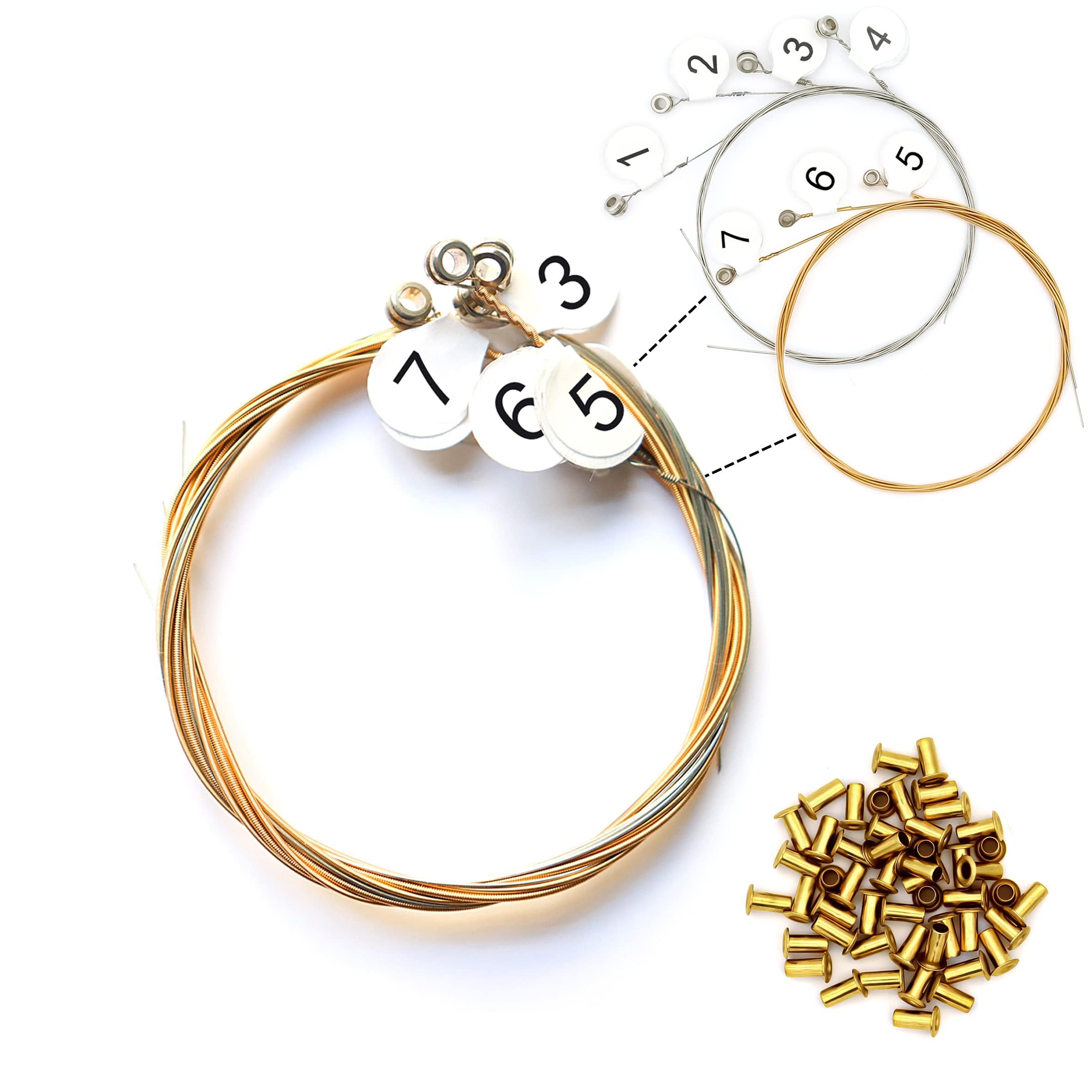 INKNOTE Lyre Harp A Sets of 7 Replacement Metal Strings with 30 Pcs Gold Brass Hollow Rivets, 7 Lyre Harp Strings with Rivets