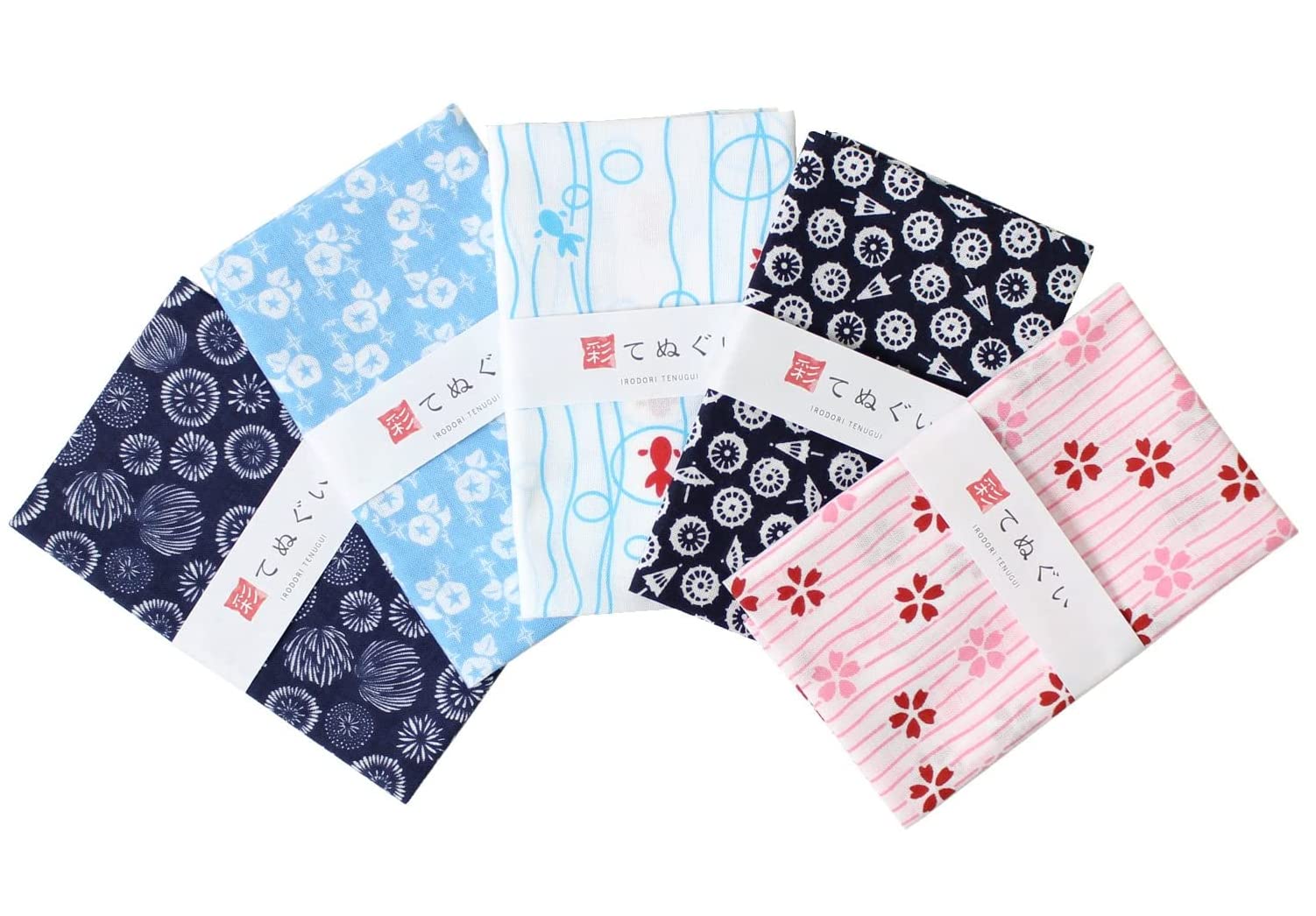 KOMESICHIirodori Japanese Traditional Towel Tenugui Basic Pattern 3 with Fray Prevention Processing Set of 5 with Tenugui Iroha (English Manual), 12.99 x 34.64 in