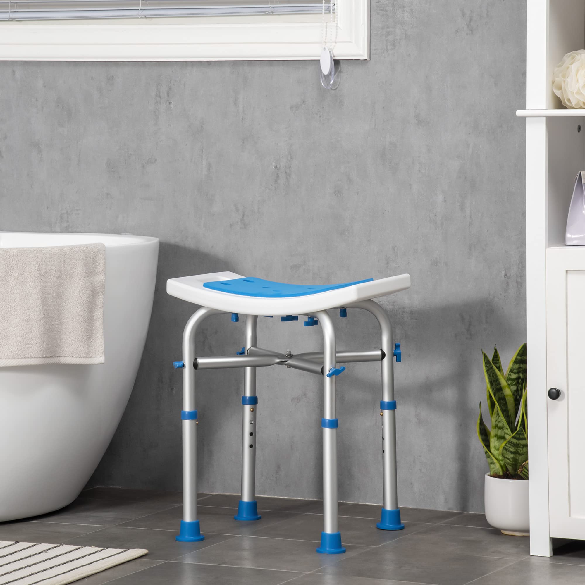 HOMCOM Silla de Ducha para Ancianos y discapacitados, Taburete de Ducha Acolchado Ajustable con asa integrada y Almohadillas Antideslizantes con ventosas, Color Azul