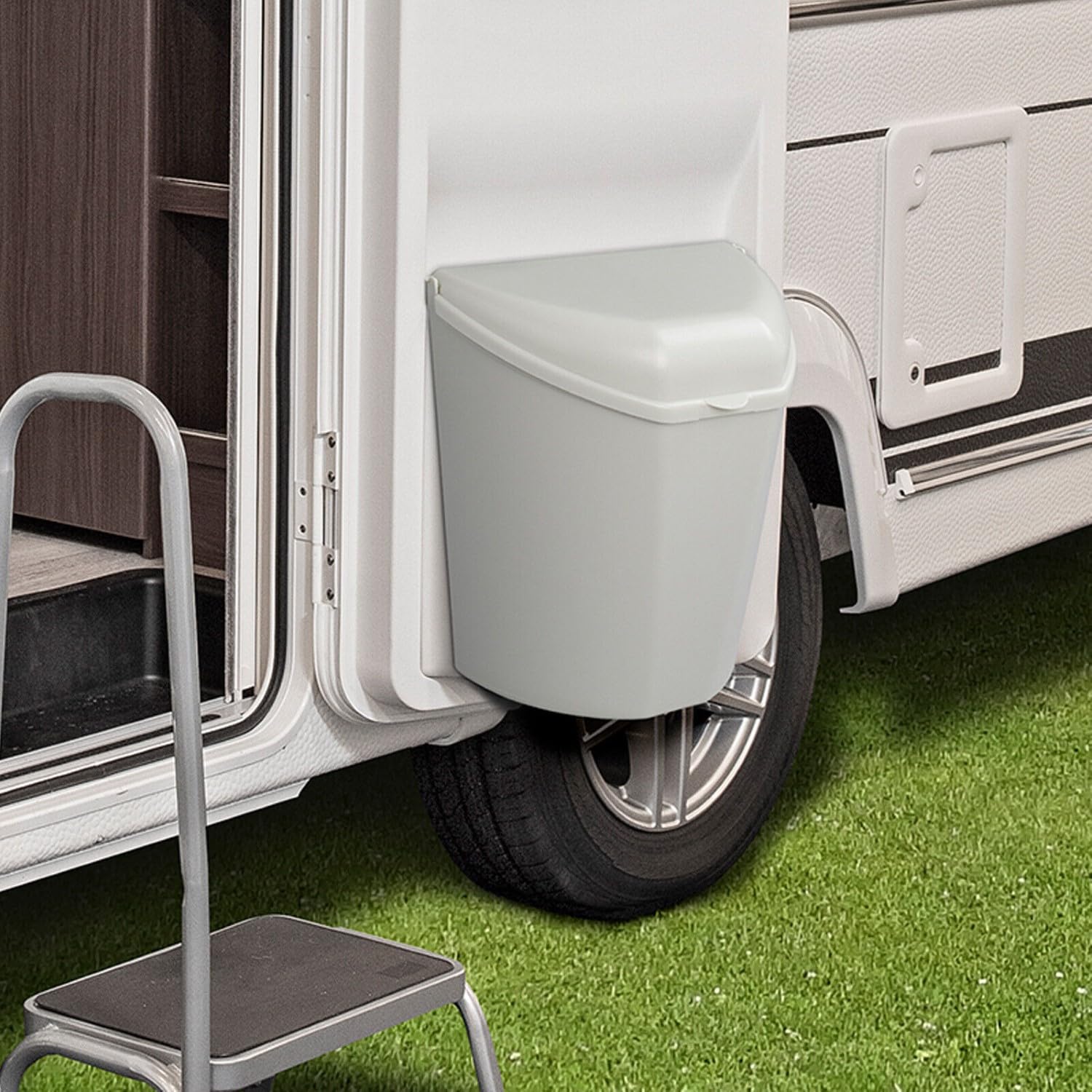Poubelle avec couvercle et support, gris