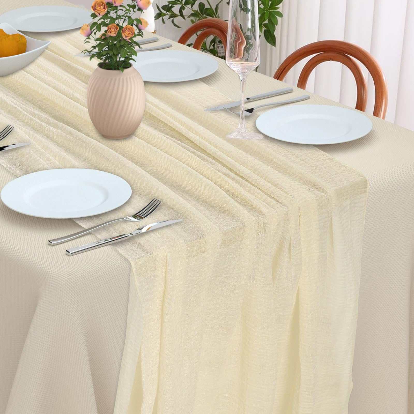 Homcomodar 2PC Cheesecloth Table Runner 80x300cm Boho Rustic Gauze Table Runners Washable Sheer Fabric Table Cloth Decoration for Weddings Birthday Party Baby Shower Holiday Arch(Beige)