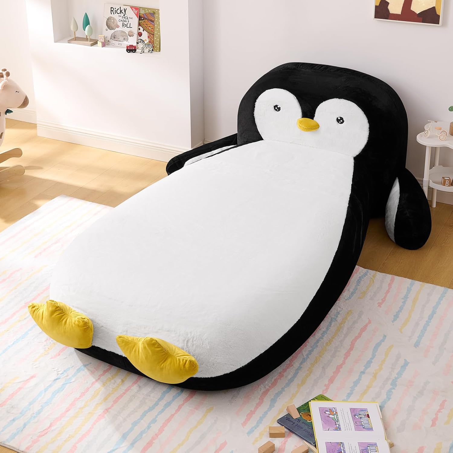 Twin Size Kids Daybed with Penguin Shaped & Headboard, Upholstered Faux Fur Cloud Boneless Memory Foam Bed Mattress, Platform Floor Sofa Couch Bed Frame for Girls, Boys, Teenager, No Assembly Required