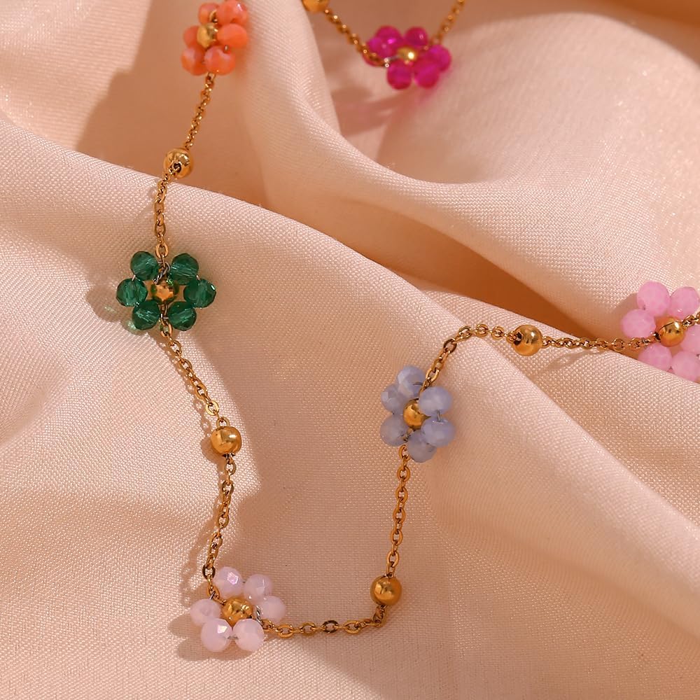 Cute Flower Beaded Ball Choker Necklace Stainless Steel Colorful Acystal Bead Daisy Flowers Adjustable Necklaces Fashion 18k Goldtone Plated Jewelry Gifts for Women Chain 15"+2" - Image 5