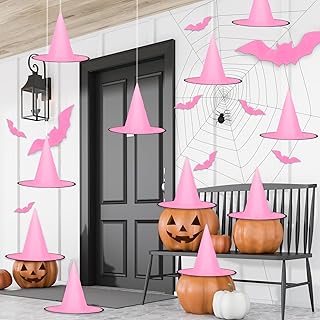 Whaline 14Pcs Halloween Pink Witch Hat with 109 Yards Hanging Rope 32Pcs 3D Bat Stickers Scary Witch Cap Halloween Hanging Decoration for Halloween Home Inside Outside Garden Yard Lawn Decoration