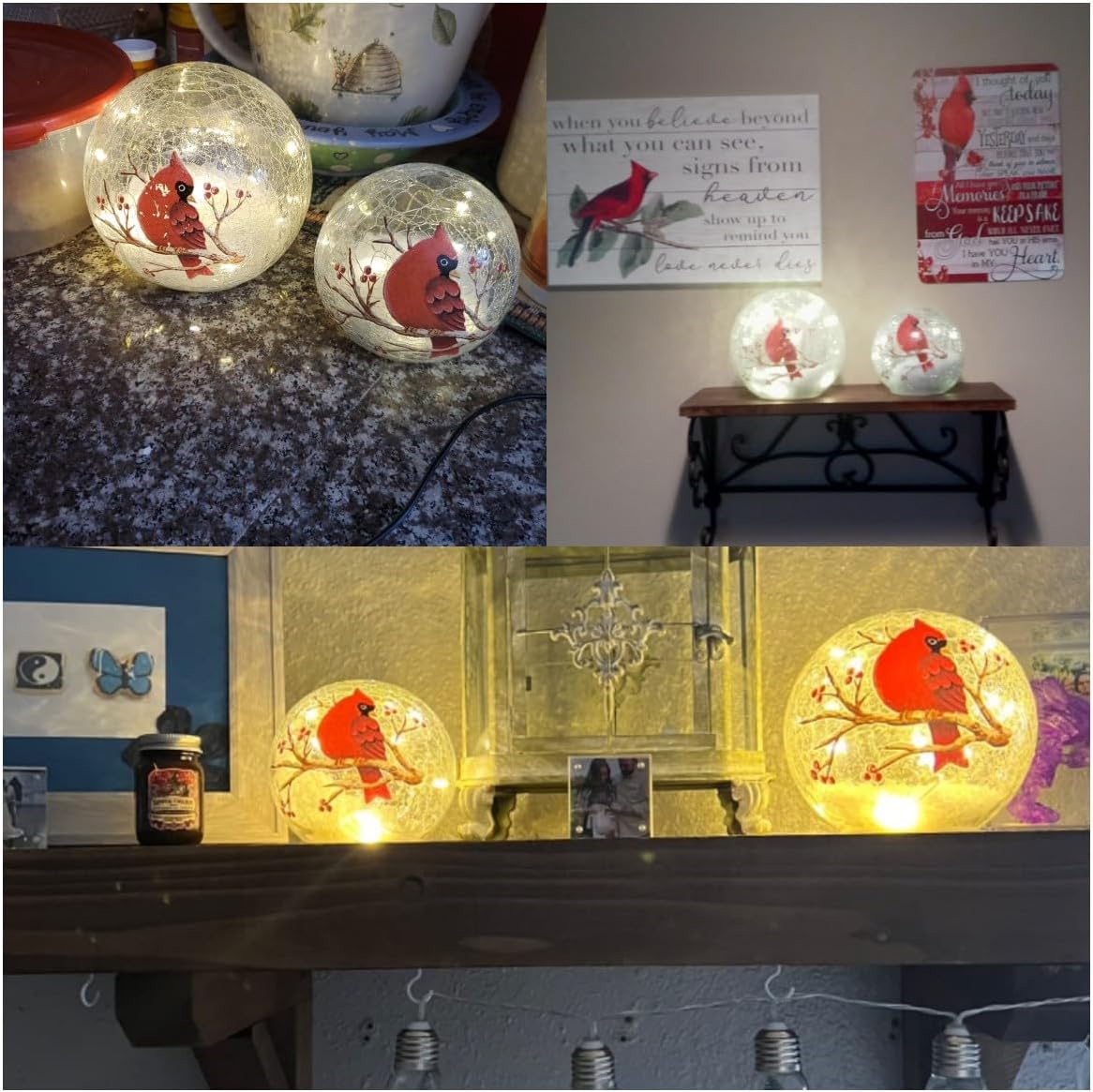Crackle Glass Cardinal Lamp Battery Operated Globe Lamp for Women Stylish Cardinal Decor Ornaments Red Bird Pattern Stained Glass Mother's Day Gifts 2 Pack (6in & 5 in) (No Timer) - Image 2