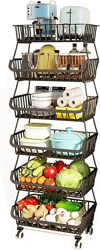 Miniatura 39 de Wisdom Star Cesta de frutas de 5 niveles para cocina, carrito de almacenamiento de verduras con mesa de madera, cesta de verduras para cebollas y