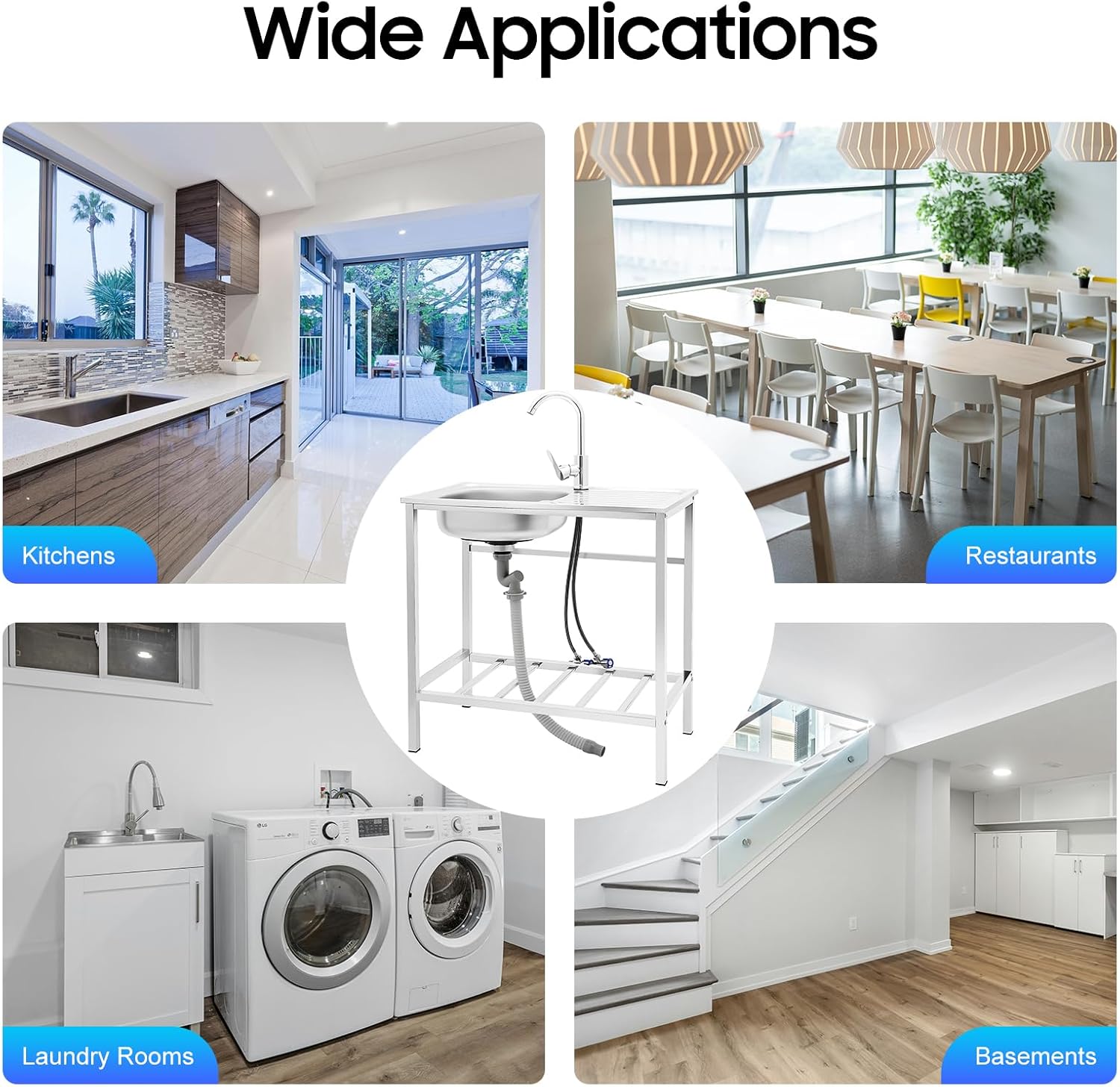 Outdoor Utility Sink,Free Standing Stainless Steel Laundry Tub, Single Bowl Portable Washing Hand Basin Station,with Cleaning Table&Storage Shelves for Garage, Restaurant, Kitchen,Camping, Backyard