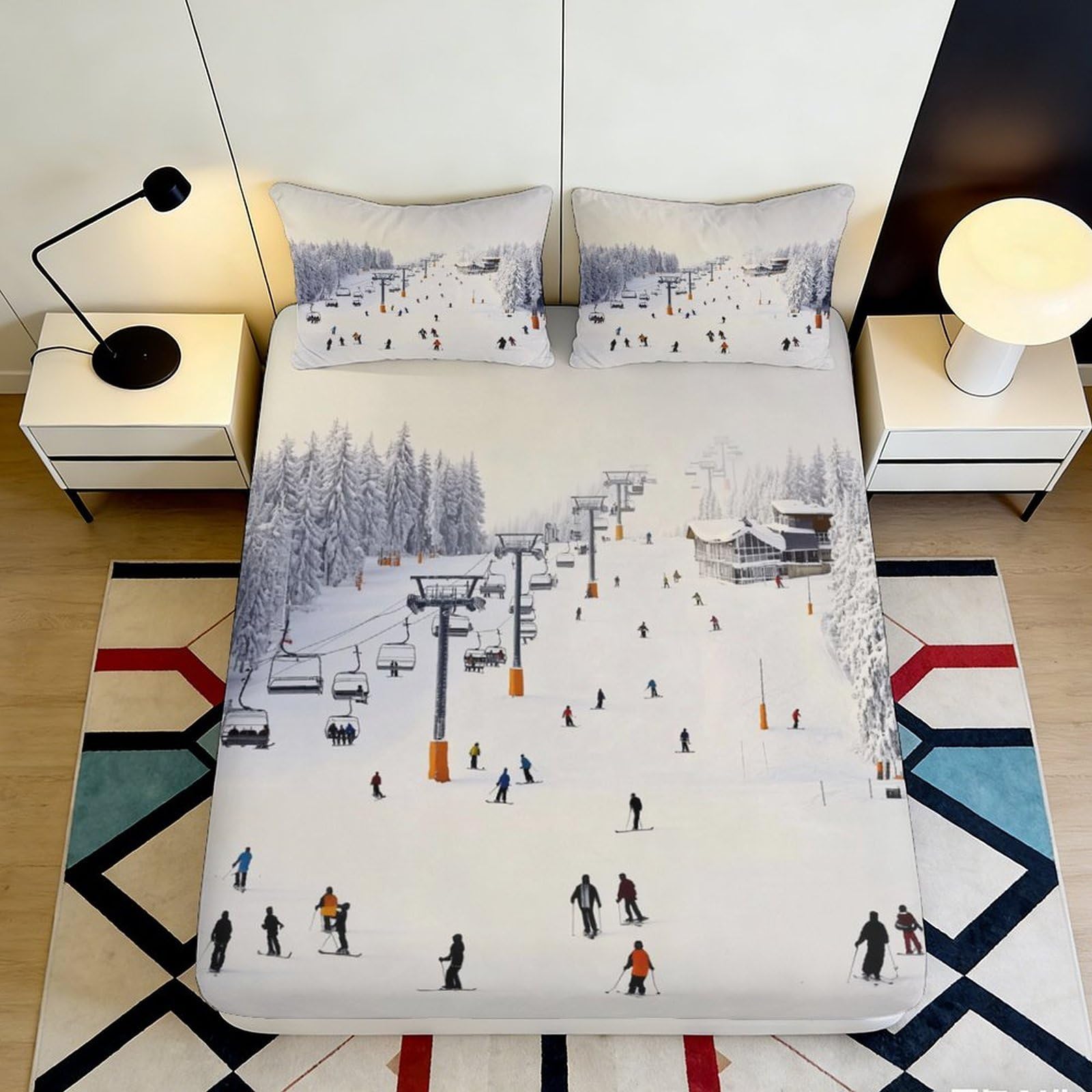 Pnayamiorkfel Style-1 3D Printed Ski Resort Scenery Fitted Sheet Microfiber Snow Mountain Mattress Cover Anti-Slip For Bedroom Guest Room Decor 90X200x25cm