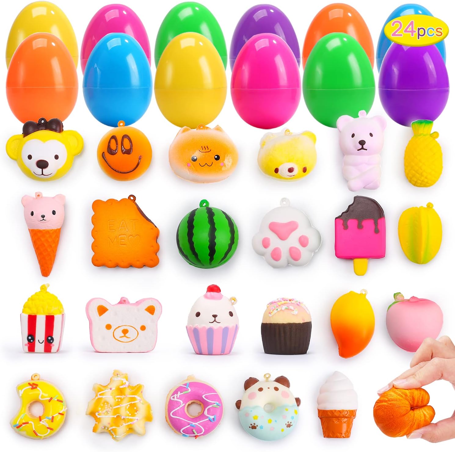 24 Pack Filled Easter Eggs with Food Squishy Toy, Easter Basket Stuffers Party Favors, Slow Rising Squeeze Toys Stress Relief Toys for Kids, Toddlers, Boys and Girls