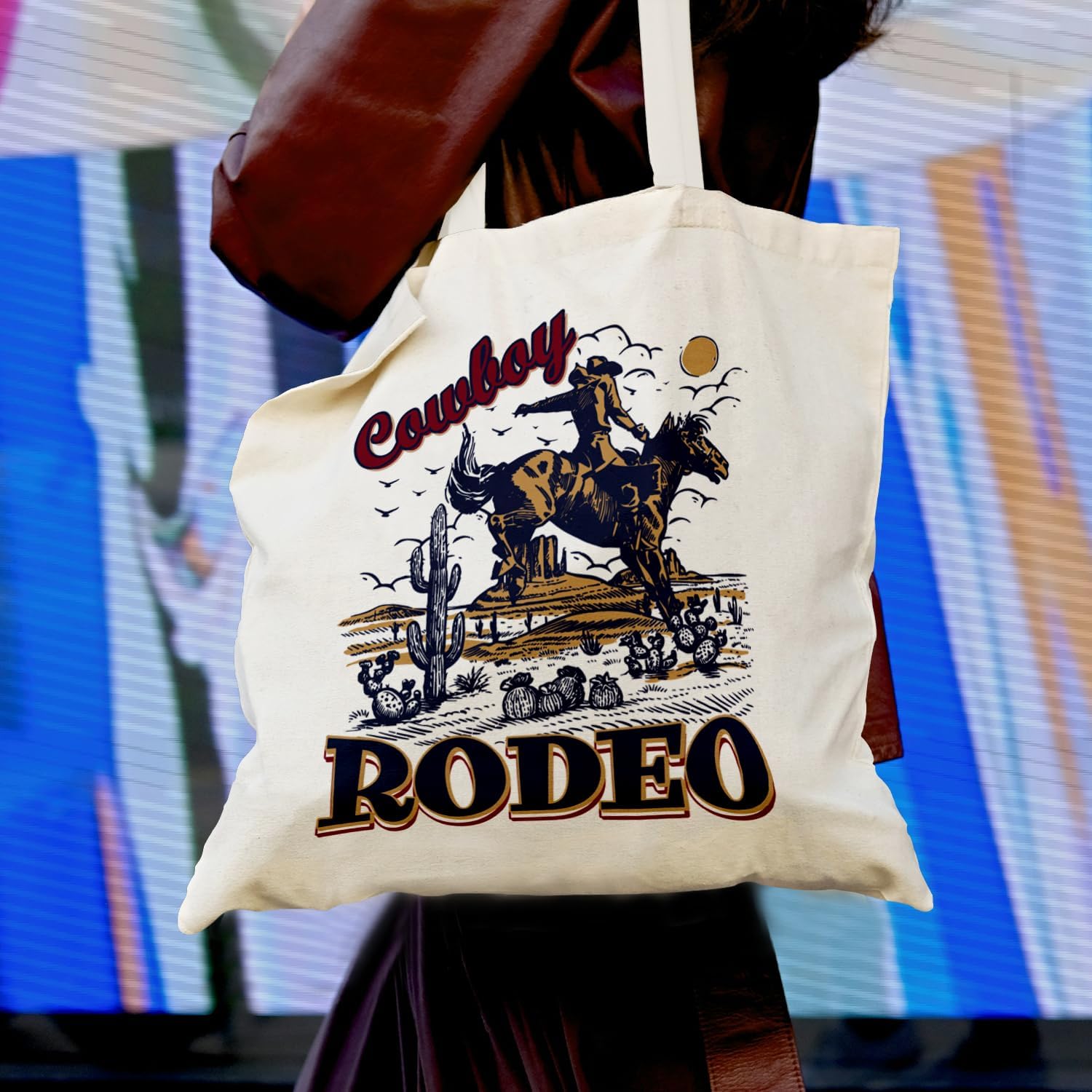 Western Cowboy Tote Bag - Retro Western Rodeo Cowboy Canvas Tote Bag, Vintage Western Cowboys Cowgirl Gifts for Women Men - Image 2