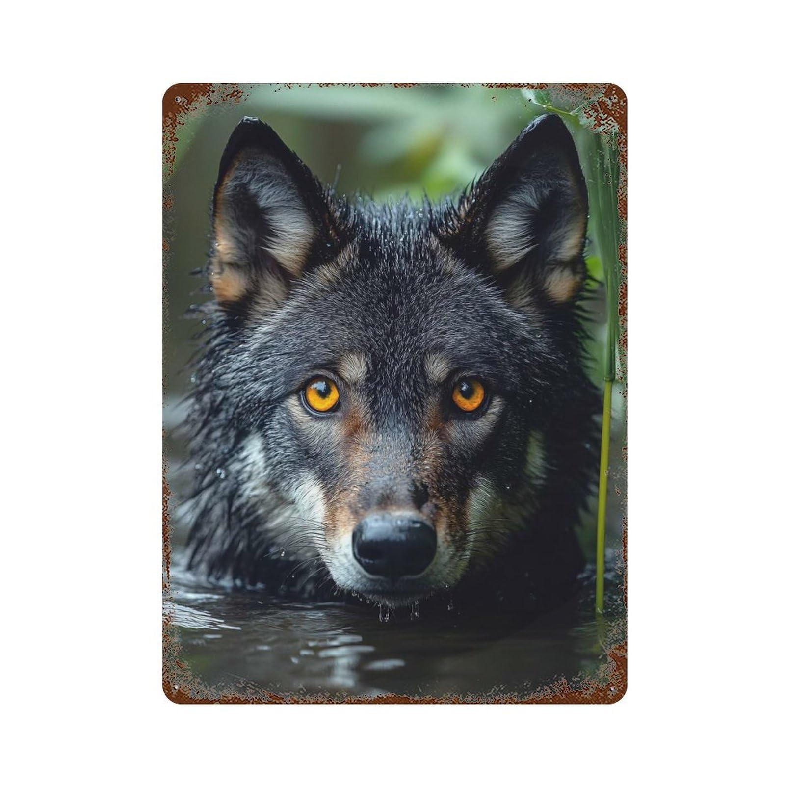 Decorative Tin Sign with Wolf Portrait in Water Design 15.7"x11.8", for Basement, Hobby Room And Garage Decor, Farmhouse Wall Decor