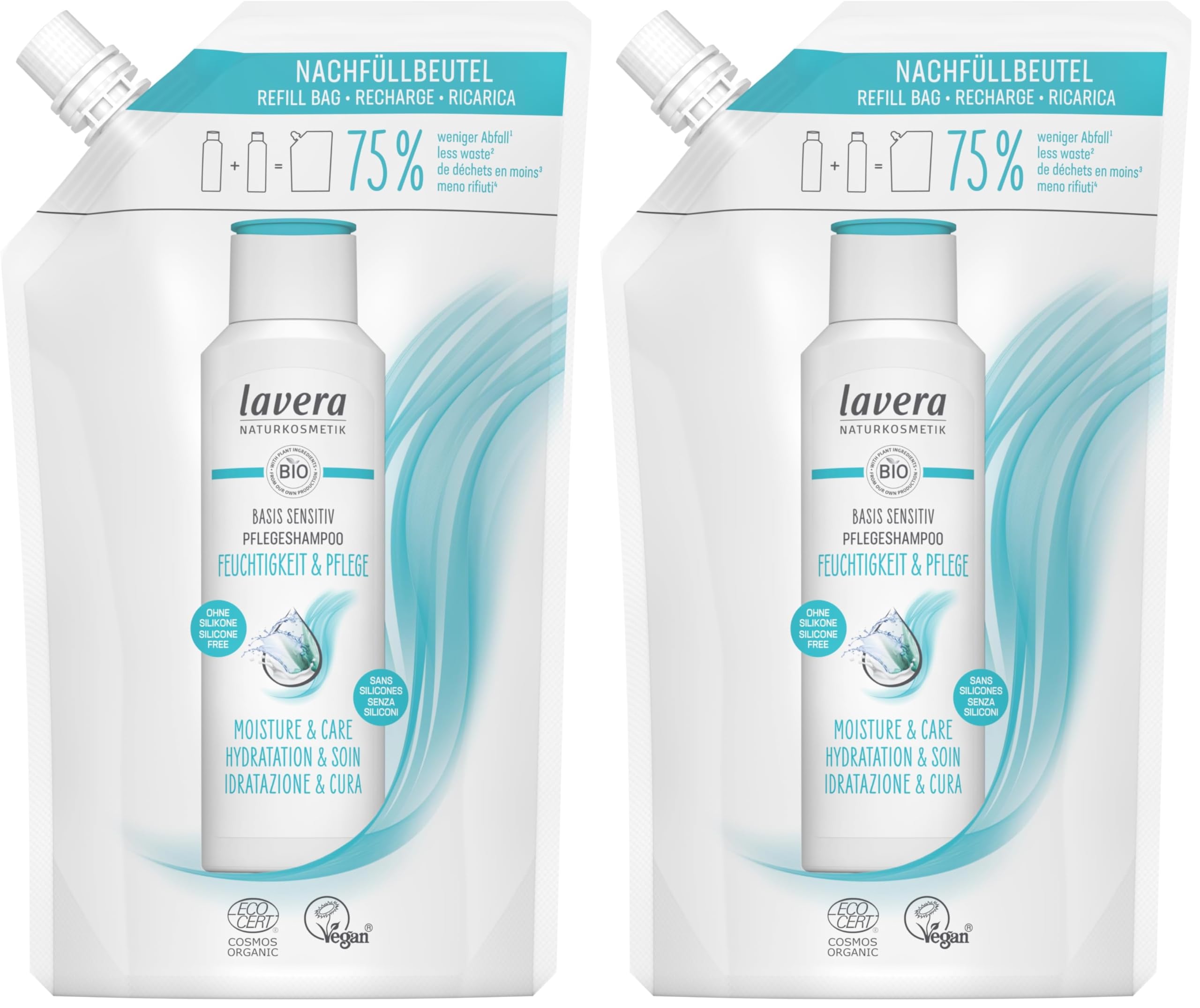 lavera Nachfüllbeutel basis sensitiv Pflegeshampoo Feuchtigkeit & Pflege - intensive Feuchtigkeit & sanfte Pflege - ohne Silikone - vegan - Naturkosmetik - 500 ml (Packung mit 2)
