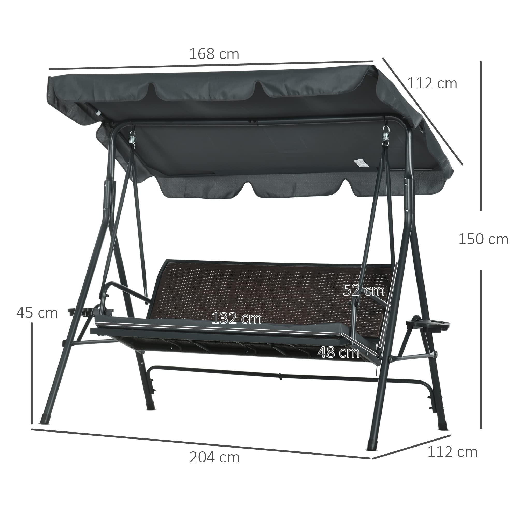 Outsunny Columpio de Jardín de 3 Plazas Banco Balancín para Exterior con Toldo Ajustable Asiento de Ratán 2 Portavasos 2 Bandejas y Marco de Acero Carga 320 kg para Terraza Patio 204x112x150 cm Gris