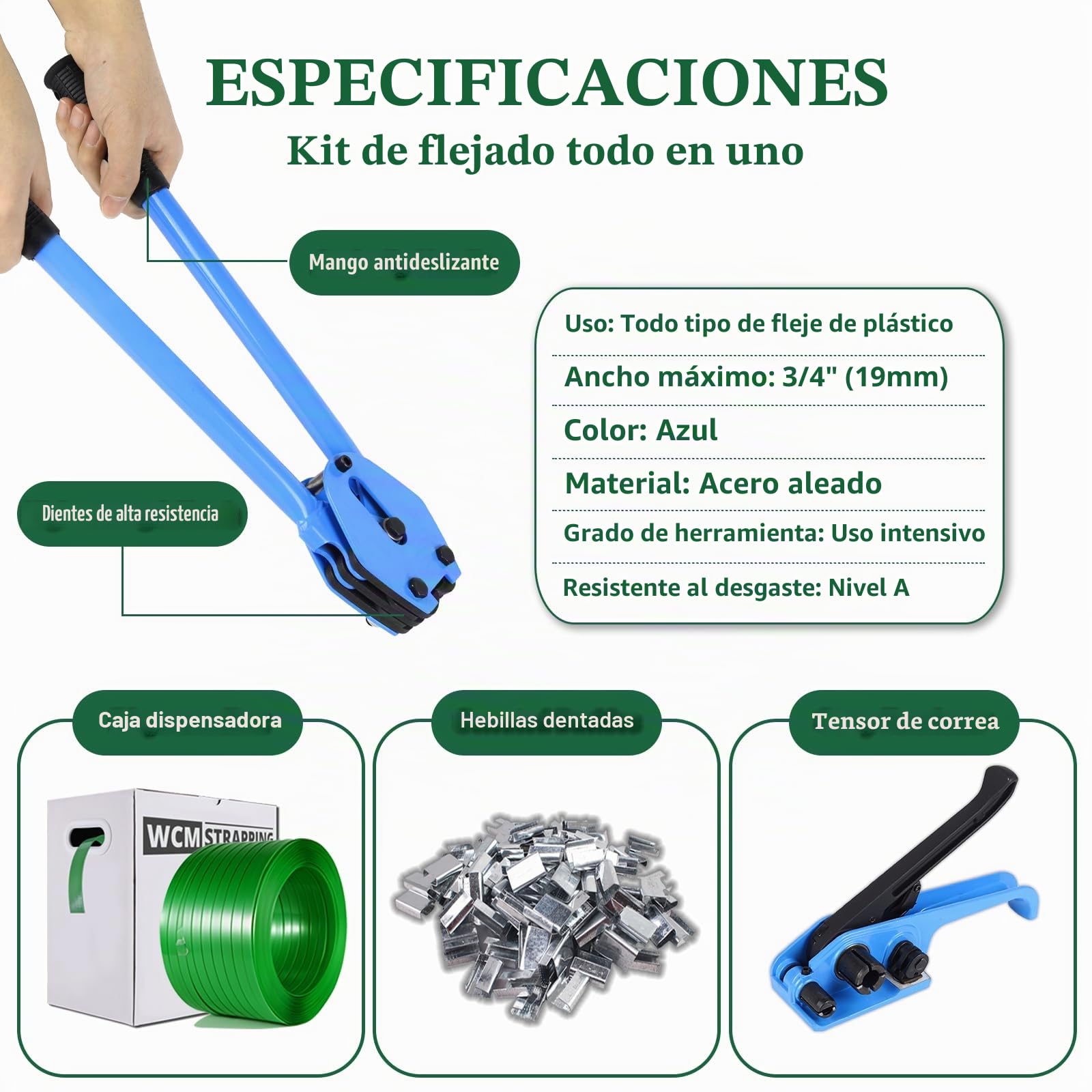 Kit de flejado de palés, Kit de Bandas, Herramienta de flejado de Embalaje con Rollo de Bobina de poliéster Resistente de 16 mm (Polyester Pet Banding Strapping Kit)