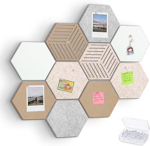 10 Pack Hexagon Cork Board, 12" x 10" Felt Bulletin Board, Pin Boards | Includes 40 Pushpins, Self Adhesive, Cute Notice Boards for Wall Decor Home Office School DIY Display Boards (Camel Color)