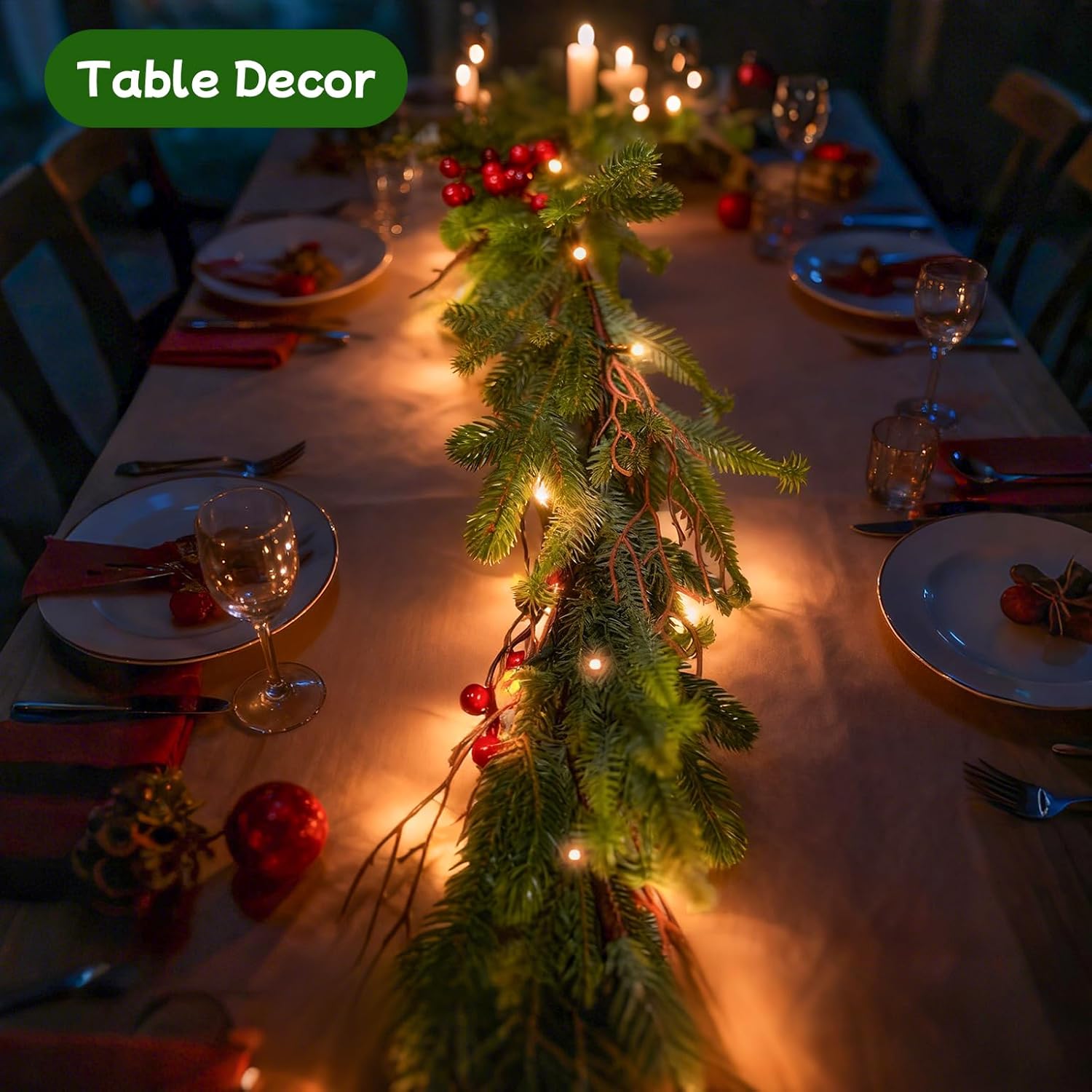 Norfolk Pine Garland, 6.2ft Real Touch Artificial Christmas Garland Christmas Greenery Garland with Timer, 20led, Red Berries for Mantle Table Wall Fireplace Indoor Outdoor Christmas Decor