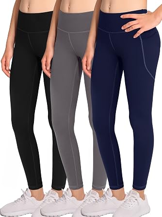 4-Pack Girl Yoga Leggings with 2 Pockets-Kids Active Workout Pants