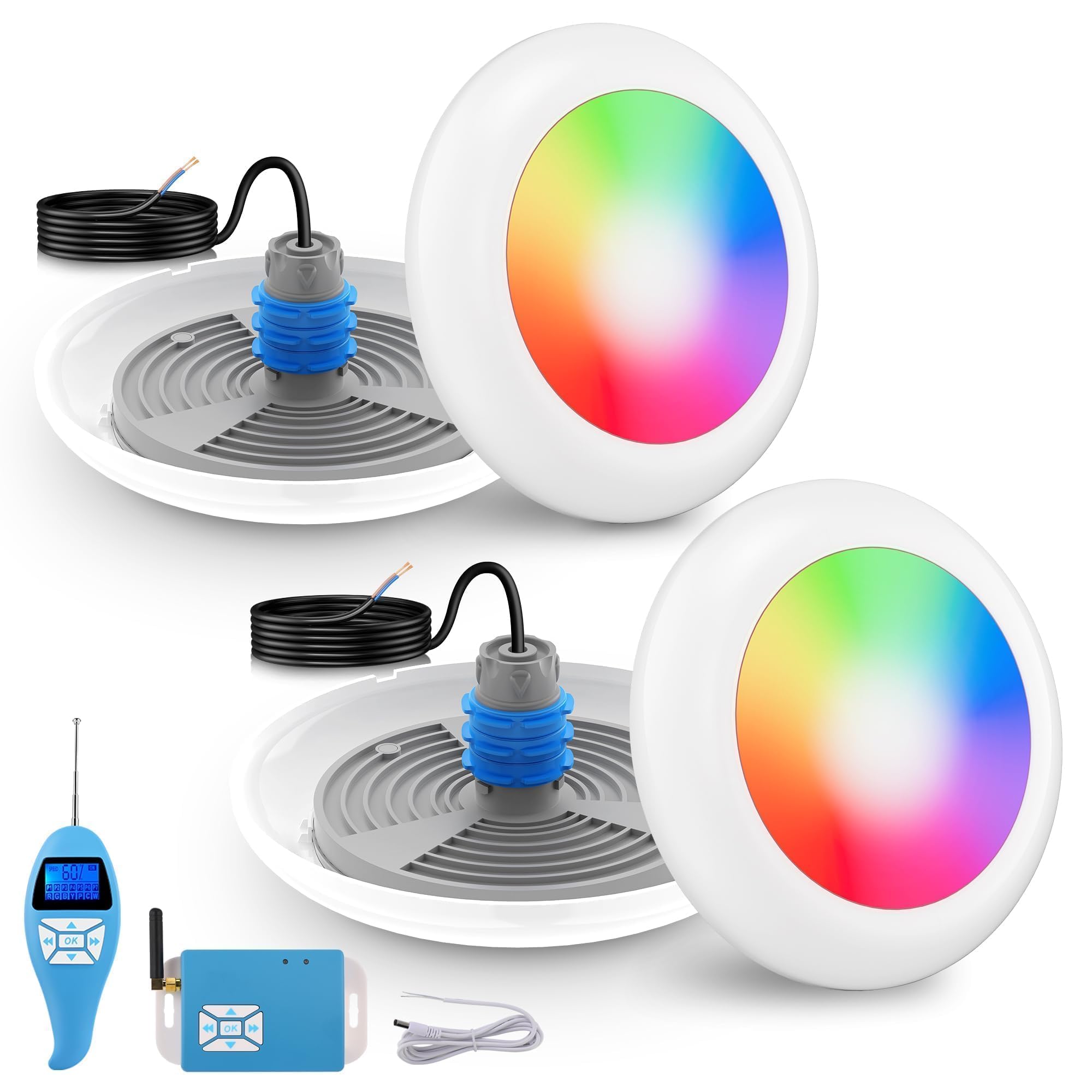 LyLmLe Projecteur Piscine Vissable avec Filetage 1" 1/2, 25W Spot LED Piscine RGB Multicolore Contrôle Synchronisé avec Télécommande & Contrôleur, Ø242mm, 12V AC Lampe pour Piscines, Lot de 2