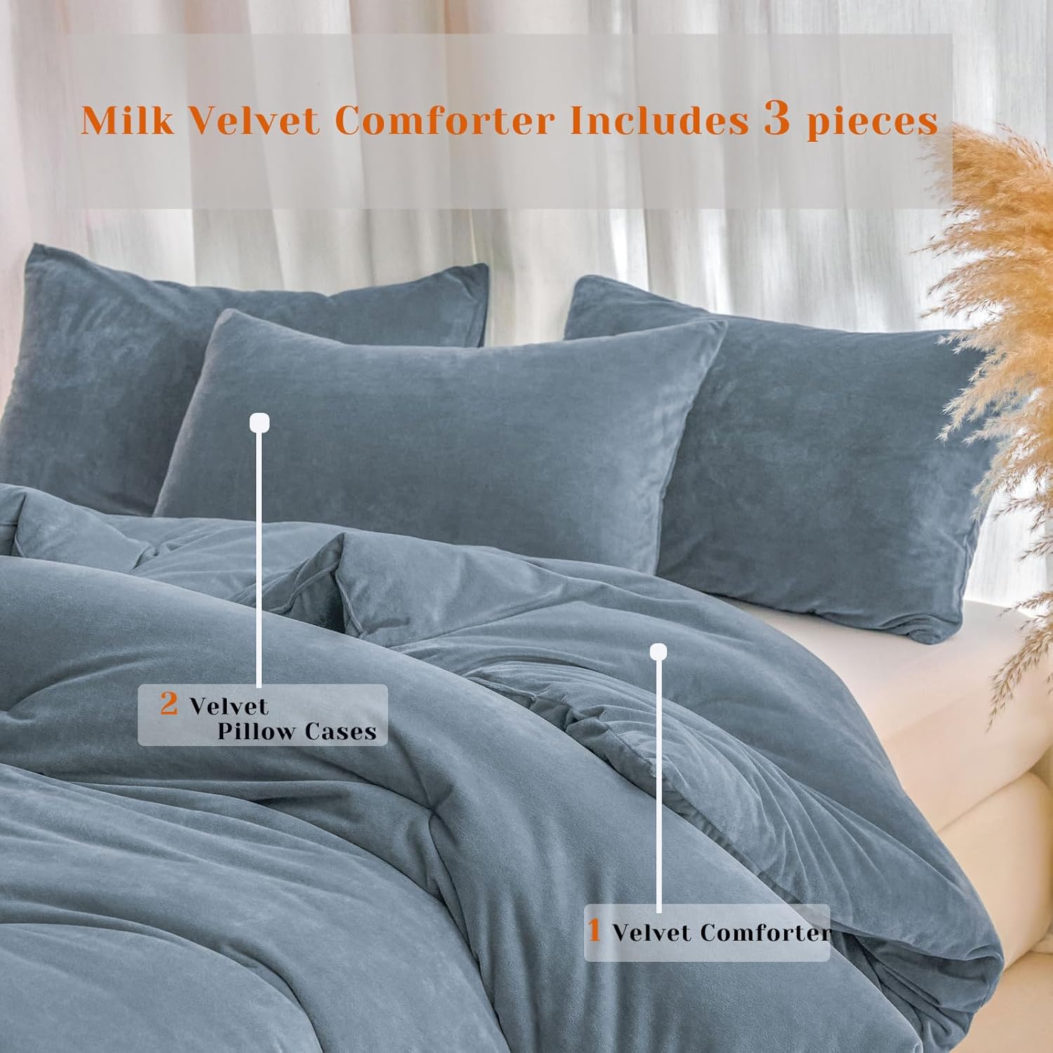 Velvet Comforter Set Twin Size, Grey Blue Fluffy Velvet 3 Piece, Soft Breathable Luxury Winter Warm Bedding Sets, with 1 Cozy Comforter, 2 Pillow Shams - Image 6