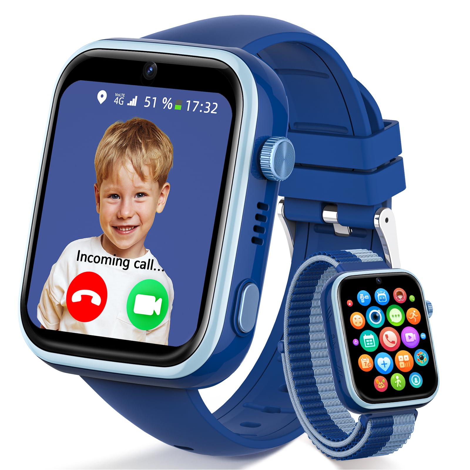 4G Reloj Inteligente Niño, IP68 Impermeable Smartwatch Niños con llamadas, Videollamadas, Chat de Voz, SMS, WhatsApp, WiFi, GPS, SOS, Modo Escuela, Podómetro Reloj Inteligente Niños y Niñas Azul