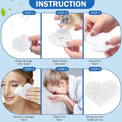 Vista 12 de Dandat 300 esponjas faciales comprimidas en forma de corazón, esponjas faciales para limpieza, almohadillas exfoliantes faciales naturales para Rosa