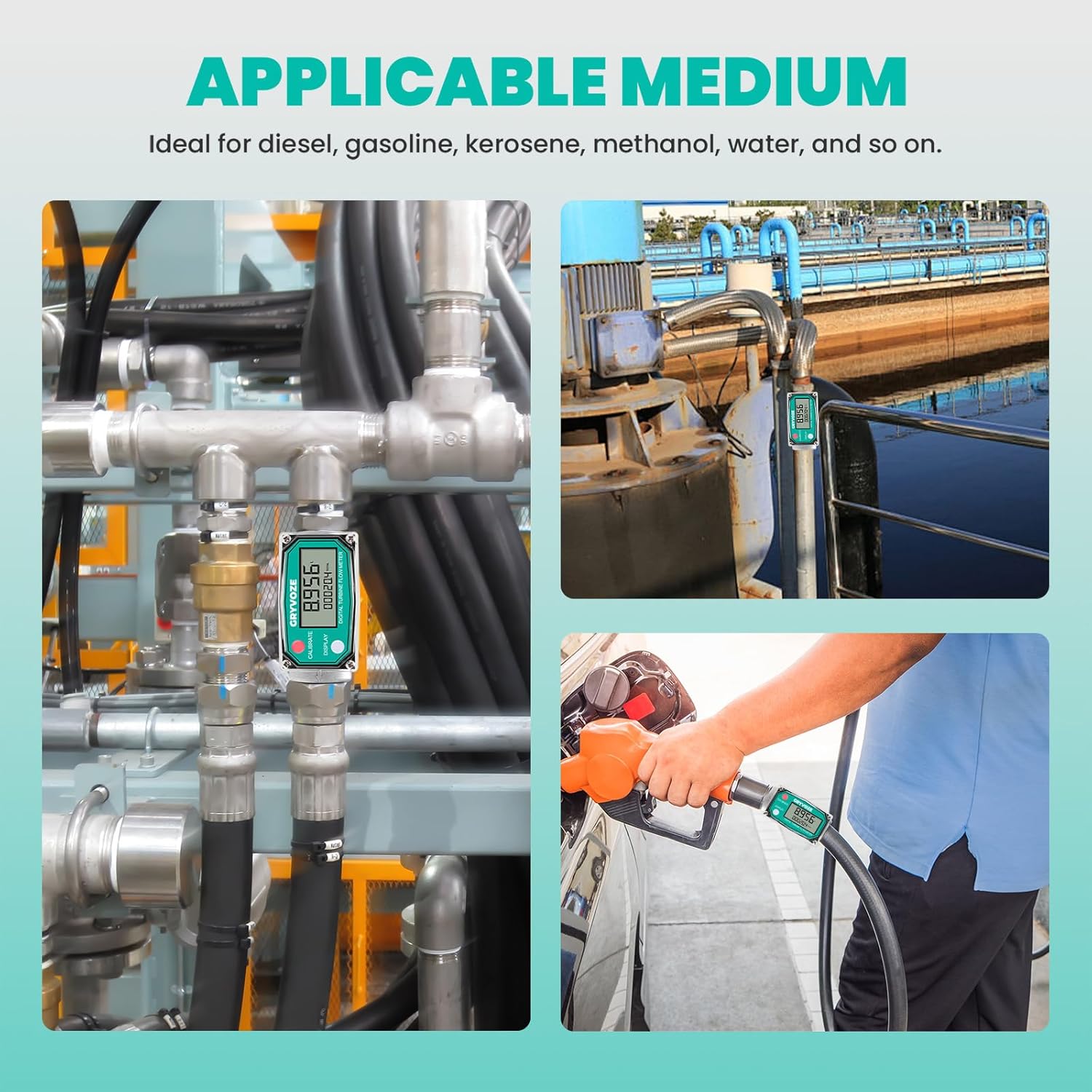 3/4 Inch Digital Turbine Fuel Flow Meter, 0.8-13.2 GPM Inline NPT Thread Flowmeter with 360° Swivel Connector for Water, Diesel, Gas Oil, Gasoline, Kerosene & More, Supports Gallon, QTS, PTS, L, m³.