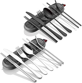 Posate da Campeggio in Acciaio Inossidabile,con Custodia Portatile,16 Pezzi Set di Posate[Coltello, forchetta,Cucchiaio,Bacchette,Spazzola di Pulizia],per Viaggi,Picnic,Hiking All'aperto,Argento+Nero