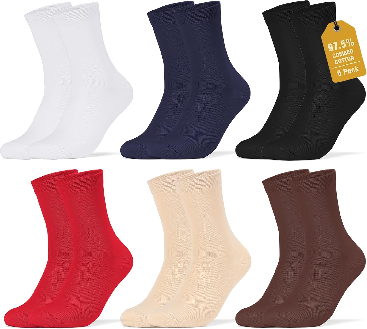 6 Pack Mens Crew Dress Socks 97.5% Combed Cotton Size 8-13 | Lightweight,Breathable,Moisture-wicking,Ribbed Elastic Cuff,Soft,Comfy,Machine Washable,Ideal for Wedding Business & Casual