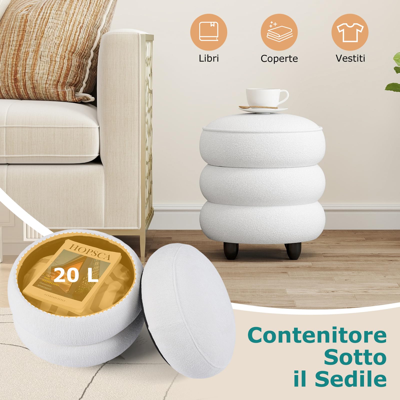 COSTWAY Pouf Contenitore Rotondo 20 L, Ottomano con Coperchio Rimovibile, Sgabello da Trucco con Gambe in Legno di Gomma, Portata 150 kg, per Camera da Letto e Salotto