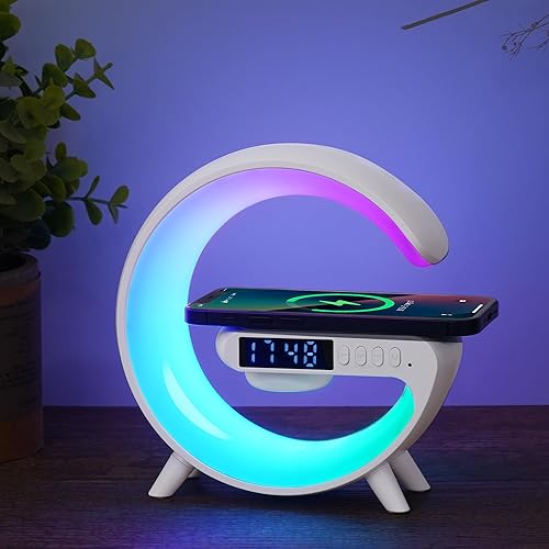 Mini lámpara de altavoz inalámbrico con reloj despertador, carga inalámbrica, luz de atmósfera, lámpara de mesita de noche regalos (blanco)