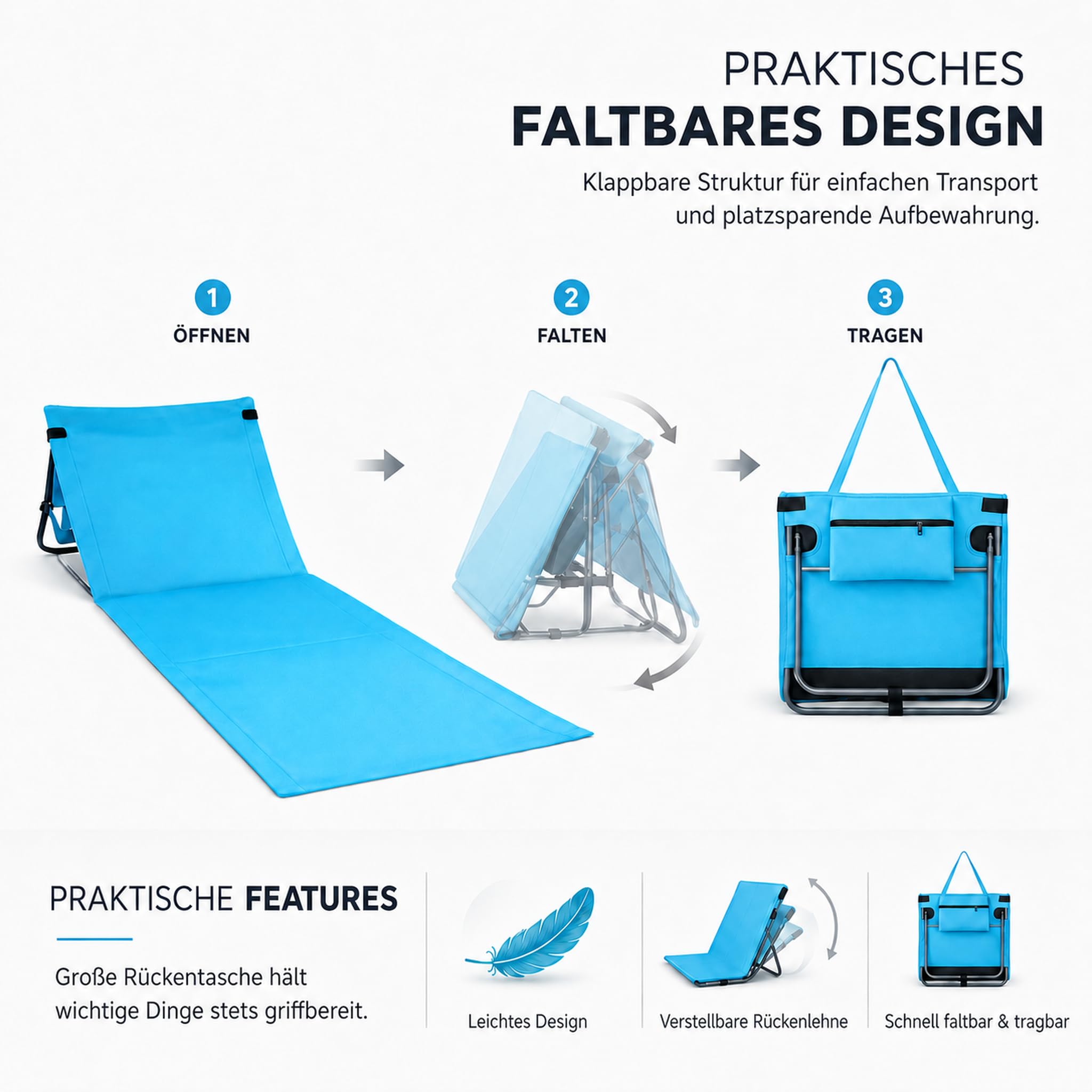 2er-Set Faltbare Strandliegen mit Verstellbarer Rückenlehne | Leichte gepolsterte Sonnenliegenmatten mit Schultergurt & Tasche, für Strand, Camping, Pool, Festivals, Reisen & Picknick