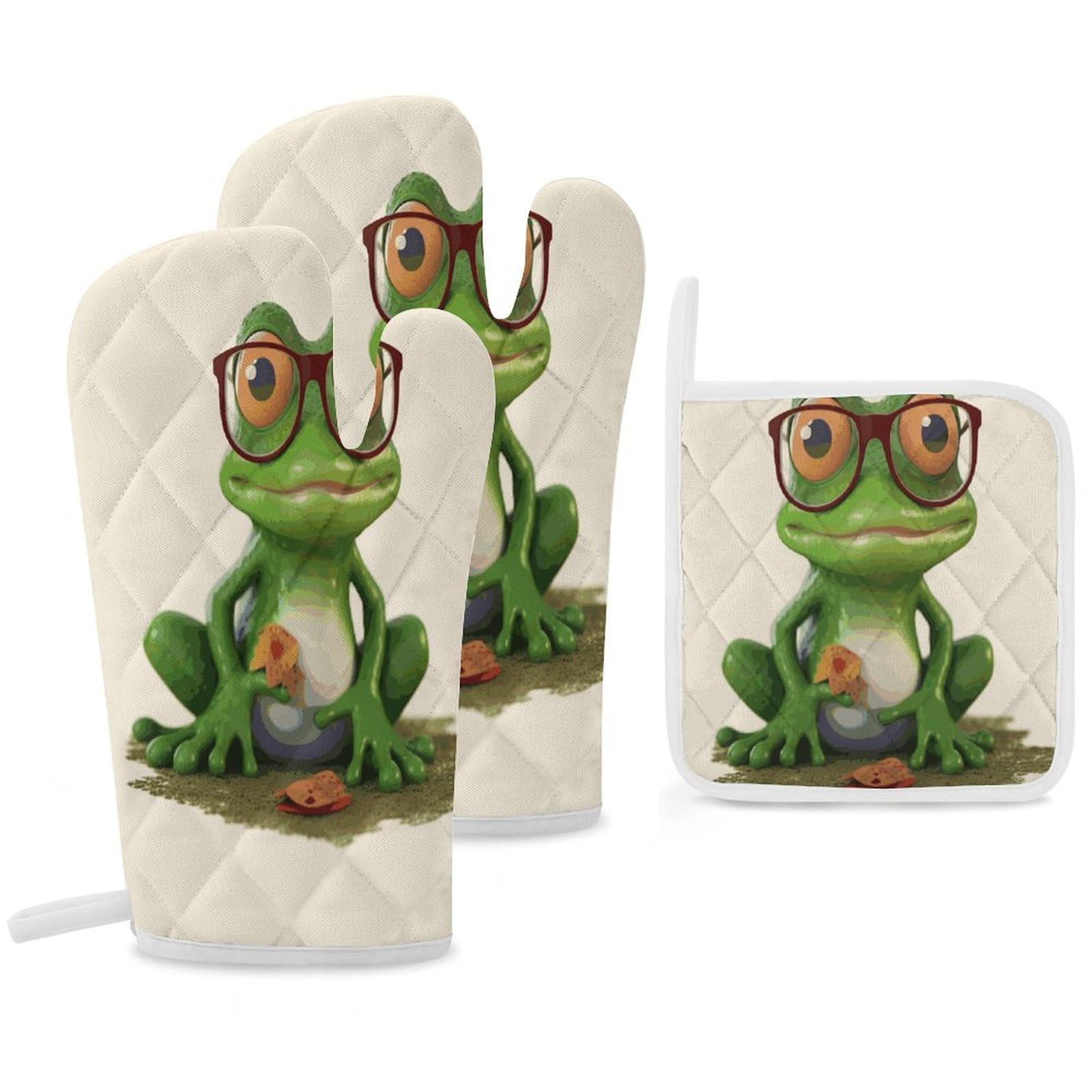 Fekiloot Style Frog Wearing Glasses Oven Mitts Funny Heat Resistant,Oven Glove With Hanging Loop,Resistant Hot Pads For Kitchen Baking Grilling Cooking
