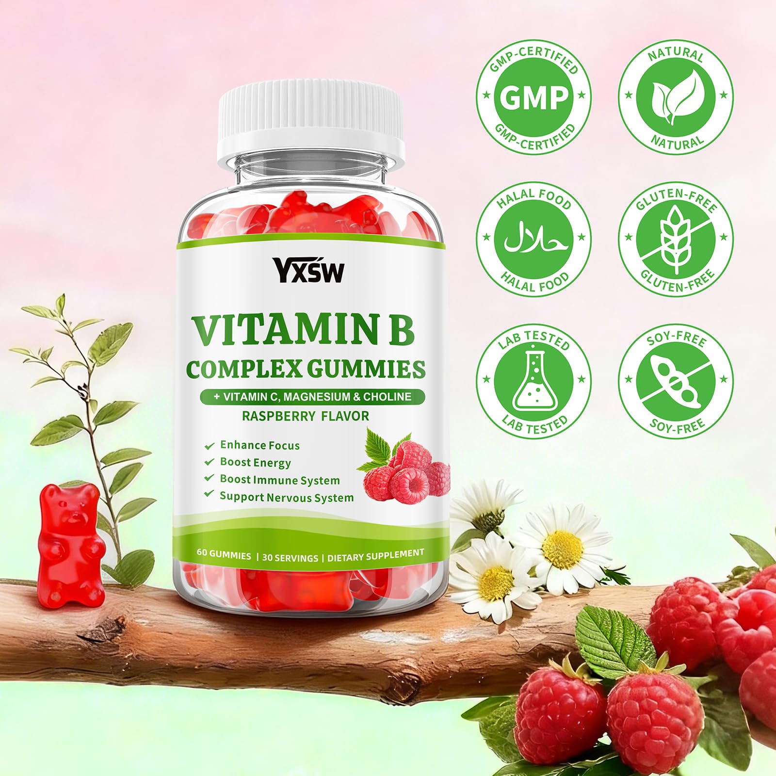 Vitamin B Complex Gummies for Women & Men - Vitamin B12, B1, B2, B3, B5 & B6 -B Complex Vitamin Supplements with Vitamin C,Magnesium & Choline, Raspberry Flavor, 120 Count — Amazon image 7