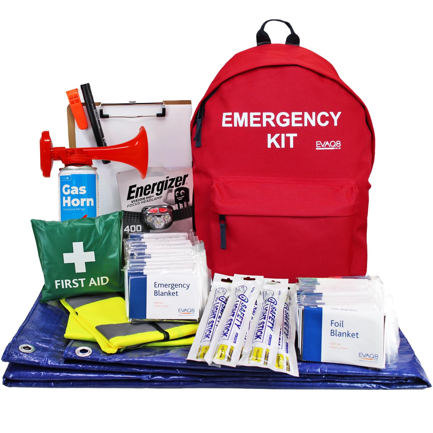 EVAQ8 Classroom Emergency Evacuation Grab Bag for 30 Persons – Emergency Rucksack with Blankets, High-Viz Vests, Torches, First Aid & Visibility Gear – Ideal for Schools & Meeting Venues