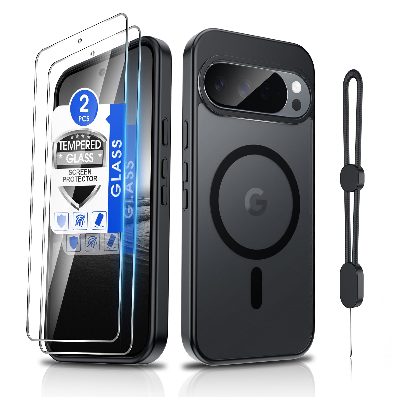 Dizn Magnetic for Google Pixel 10 Pro XL Case:[Not Fit Pixel 10/10 Pro],with Tempered Glass Screen Protector,Compatible with MagSafe,Strap,Matte Shockproof,Funda para Protective 10Pro XL, Black
