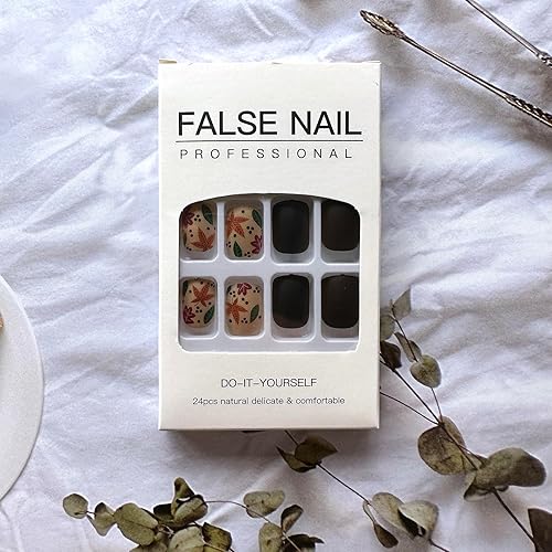 Miniatura 5 de Uñas postizas cuadradas cortas a presión, color marrón oscuro mate, con diseños de hojas de arce, uñas adhesivas de hojas de otoño, uñas acrílicas