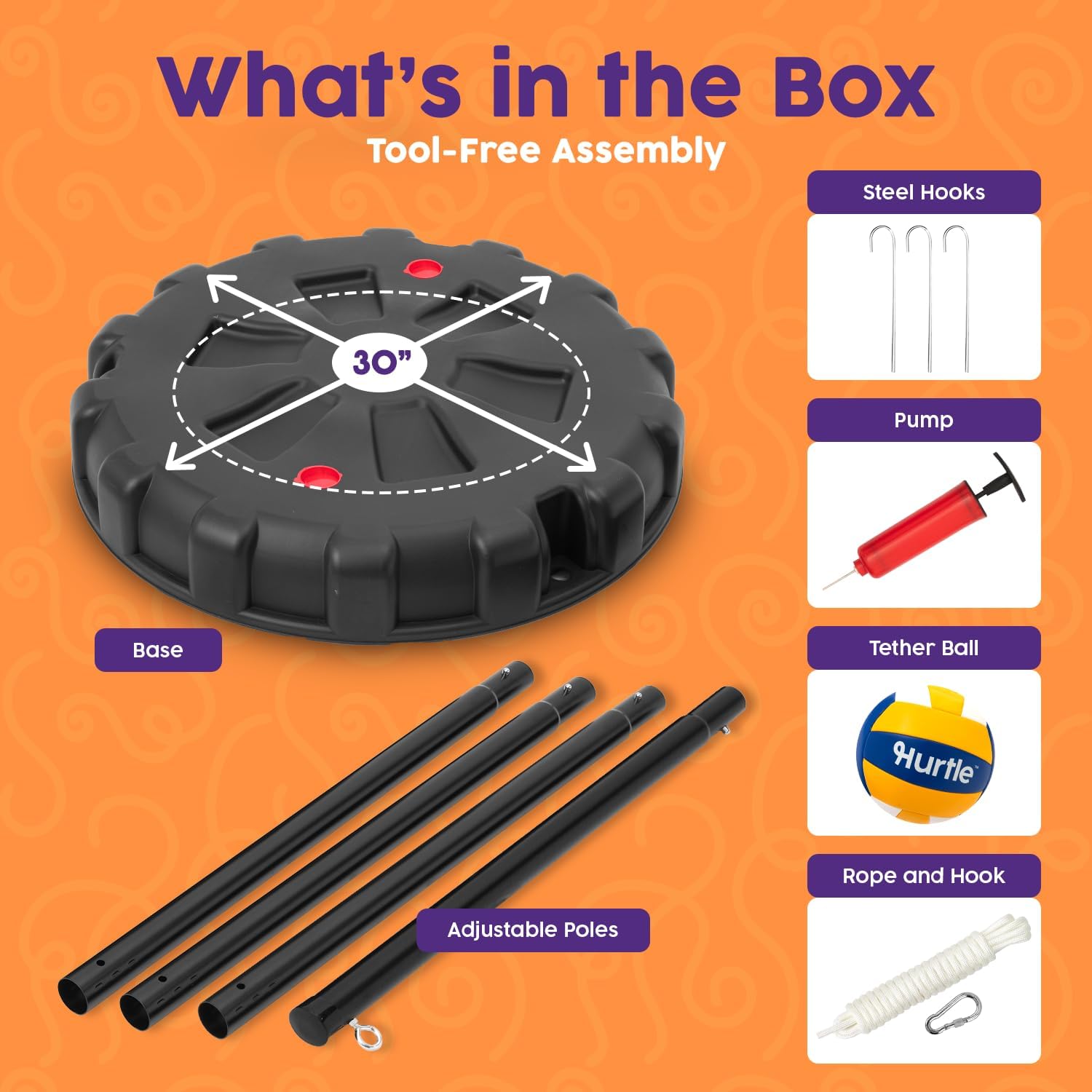 Hurtle Tetherball Ball and Rope Set – Portable Tether Ball with Heavy Duty Base and Adjustable Steel Pole 4-9 ft – Tool-Free Setup for Kids and Adults, Backyard Family Fun Outdoor Game