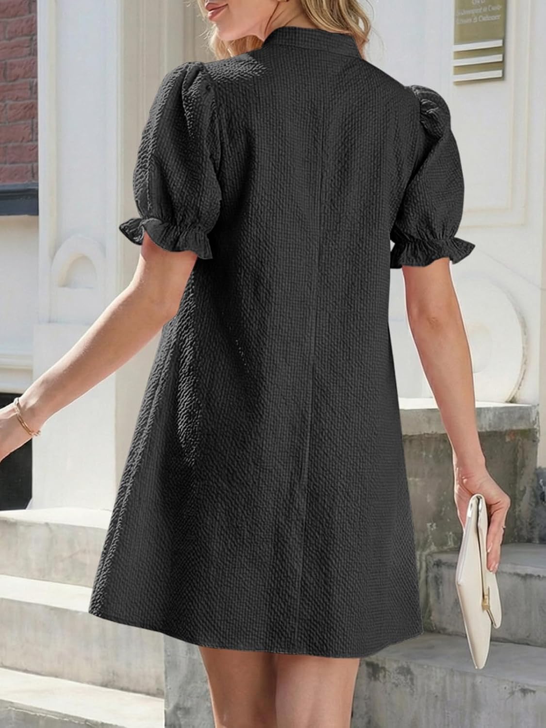 Wenrine Womens Summer Puff Short Sleeve Mini Dress Textured Casual Loose V Neck Ruffle Babydoll Dresses