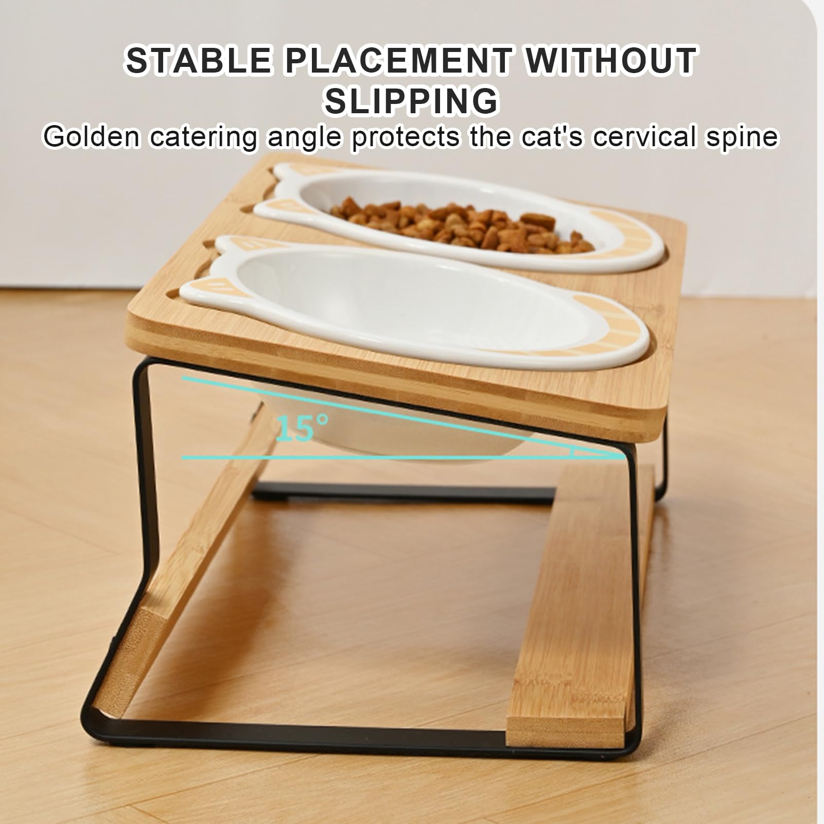 Cuenco de cerámica para gatos elevado, con diseño inclinado de 15 grados, con soporte de bambú, doble comedero para perros, doble comedero para gatos, comedero para perros