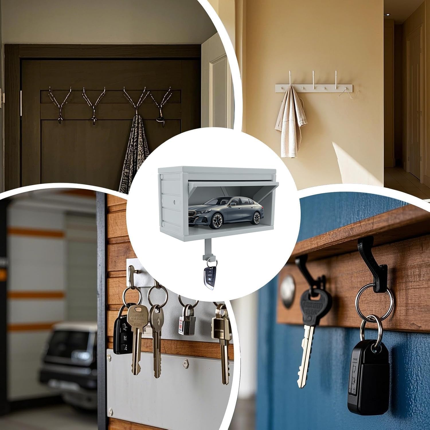 2Pcs Car Garage Key Holder with Opening Door, Car Garage Key Holder, Adhesive Wall Mount Key Rack Organizer, Easy Installation Keys Rack for Entryway - Light Grey