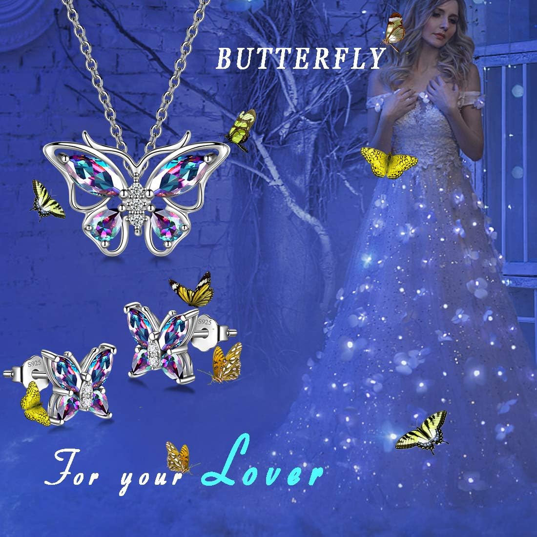 925 Sterling Silver Birthstone Butterfly Jewelry Women Crystal Animal Cute Butterflies Birthday Necklace/Earring/Ring/Bracelet Sets Birth Stone Statement Anniversary Jewellery - Image 7