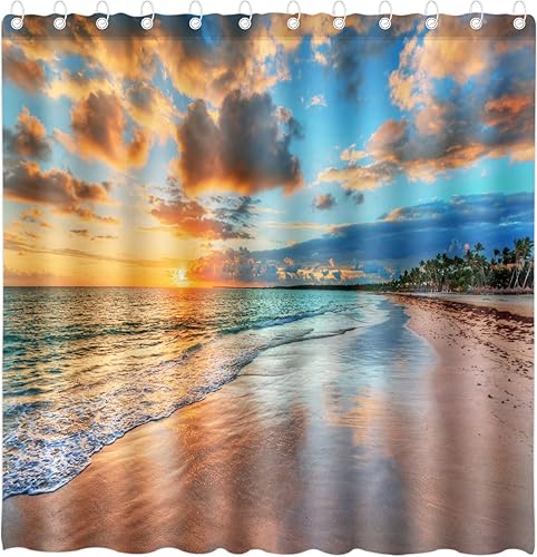 DePhoto Cortina de ducha de palmeras tropicales para el baño, con agua de mar, para playa, playa, playa, playa, playa, playa, playa, verano, azul,