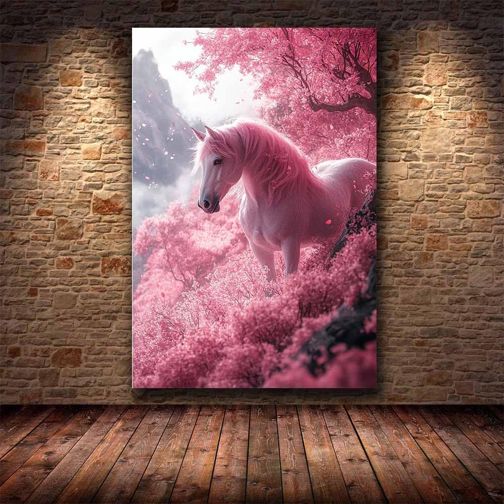 AMXBZC Abstrakcyjne zwierzę Wall Art Pictures Natural Horse Landscape Modern Wall Art Poster for Living Room Home Decor Bathroom Pictures(Pink-60x90cm Framed