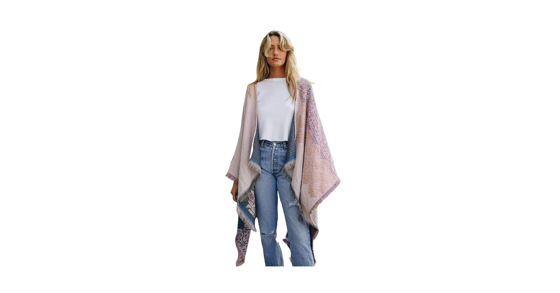 Women's Retro Style Poncho Cape Boho Shawl Wraps Ruana Printed Tassel Cardigan