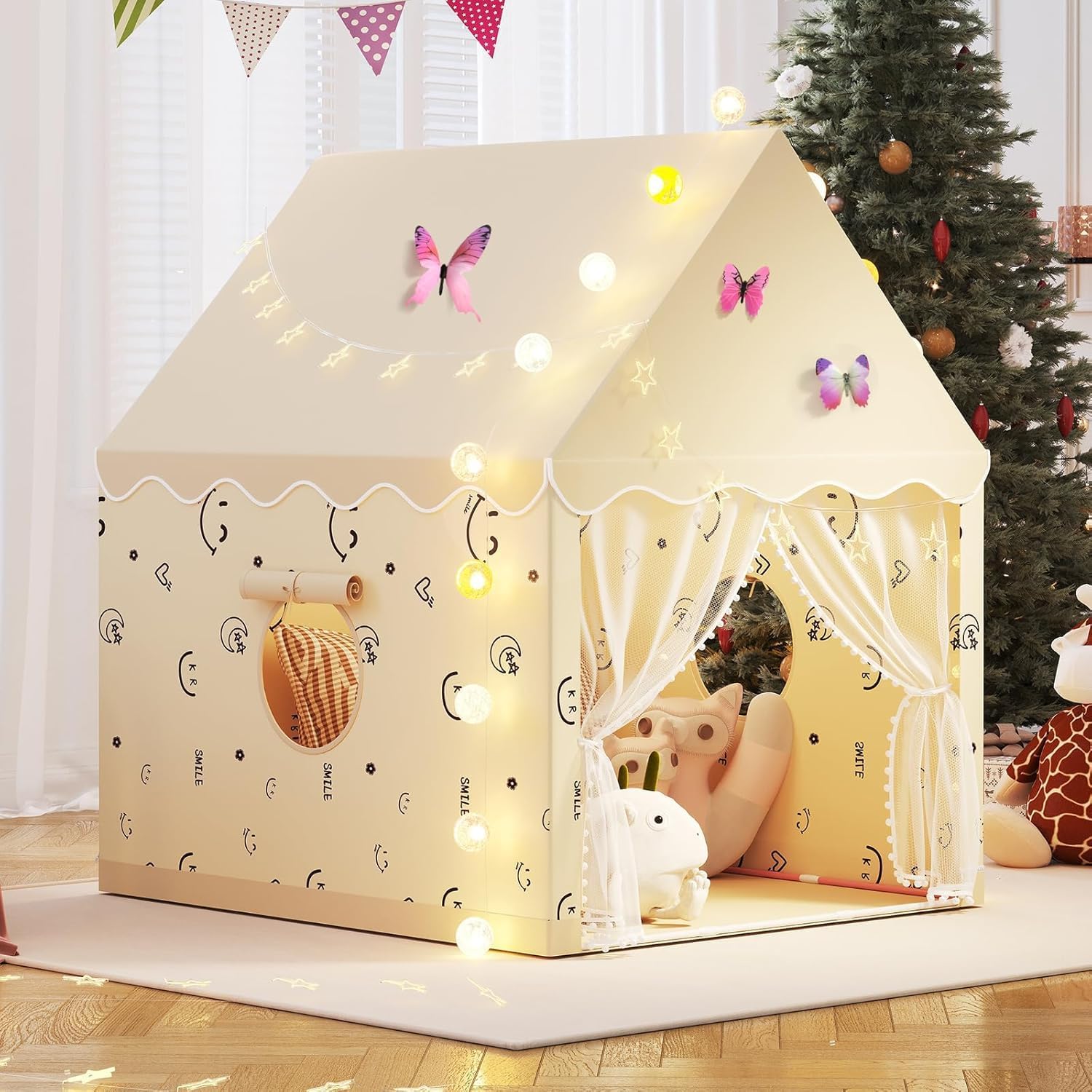 Large Kids Tent House Indoor Outdoor,Toddler Play Tent With Birthday Party Decoration,Play house for Baby Princess Castle Tent, Kids Indoor Room Toys for Girls Boys (beige smiley face)