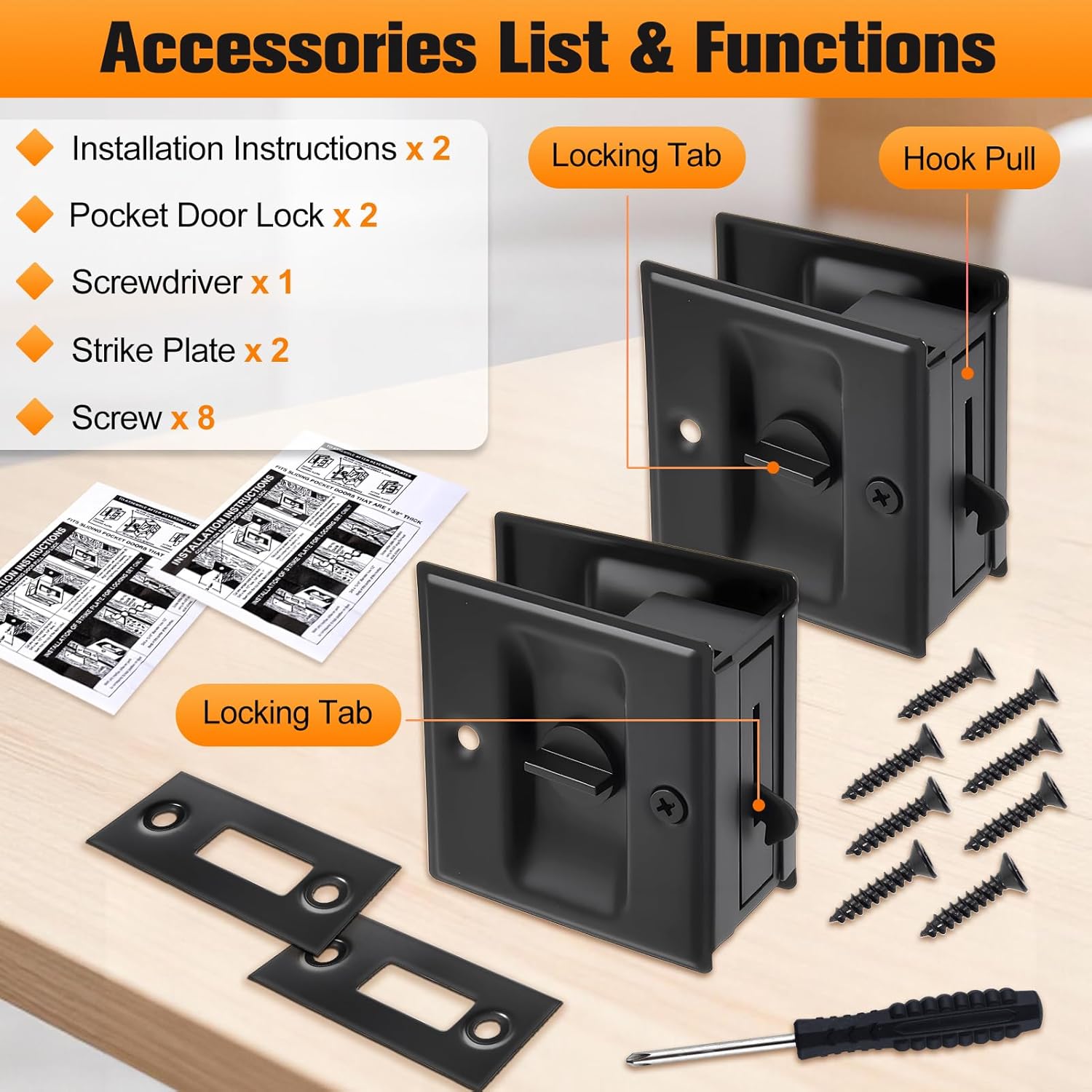 2 Pack Privacy Sliding Door Lock with Pull Stainless Steel Pocket Door Lock for 1-3/8” to 1-3/4” Doors, Includes Screwdriver & All Hardware Reversible for Pocket, Barn & Bi-Fold Doors