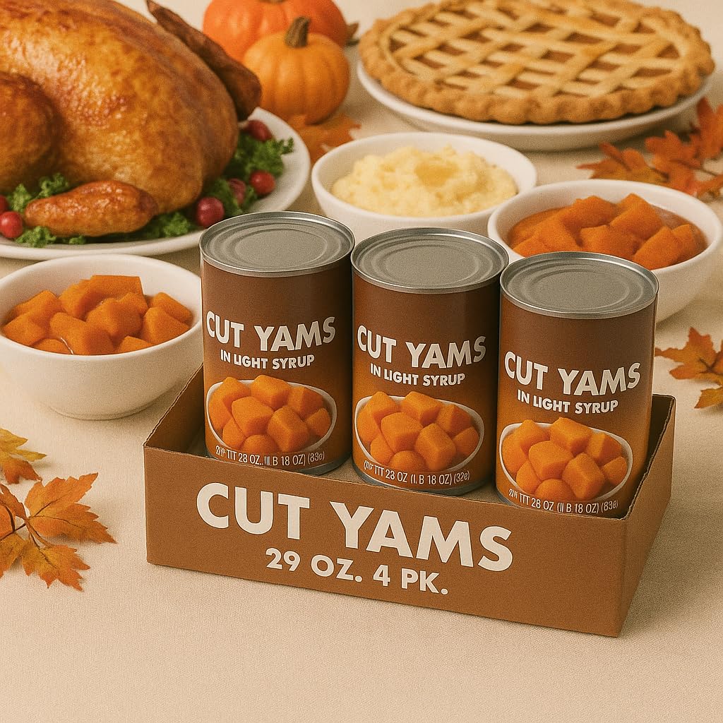 Cut Yams in Light Syrup, 29 oz Cans, 4 Pack – Ready to Serve Holiday Side Dish – Bulk Pack for Thanksgiving Meals and Baking- Non-GMO, preservative-free,