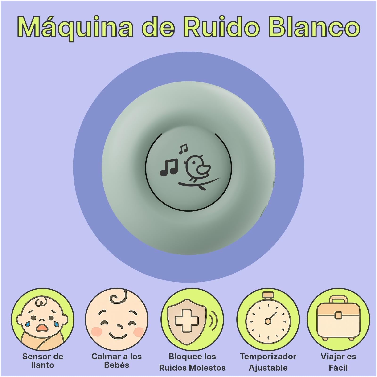 Máquina de Ruido Blanco Portátil Bebé por MMOBIEL – 20 Sonidos Relajantes, Sensor de Llanto, Temporizador, Recargable USB-C – Ruido Blanco/Rosa/Marrón, Canciones de Cuna y Sonidos Naturaleza - Verde