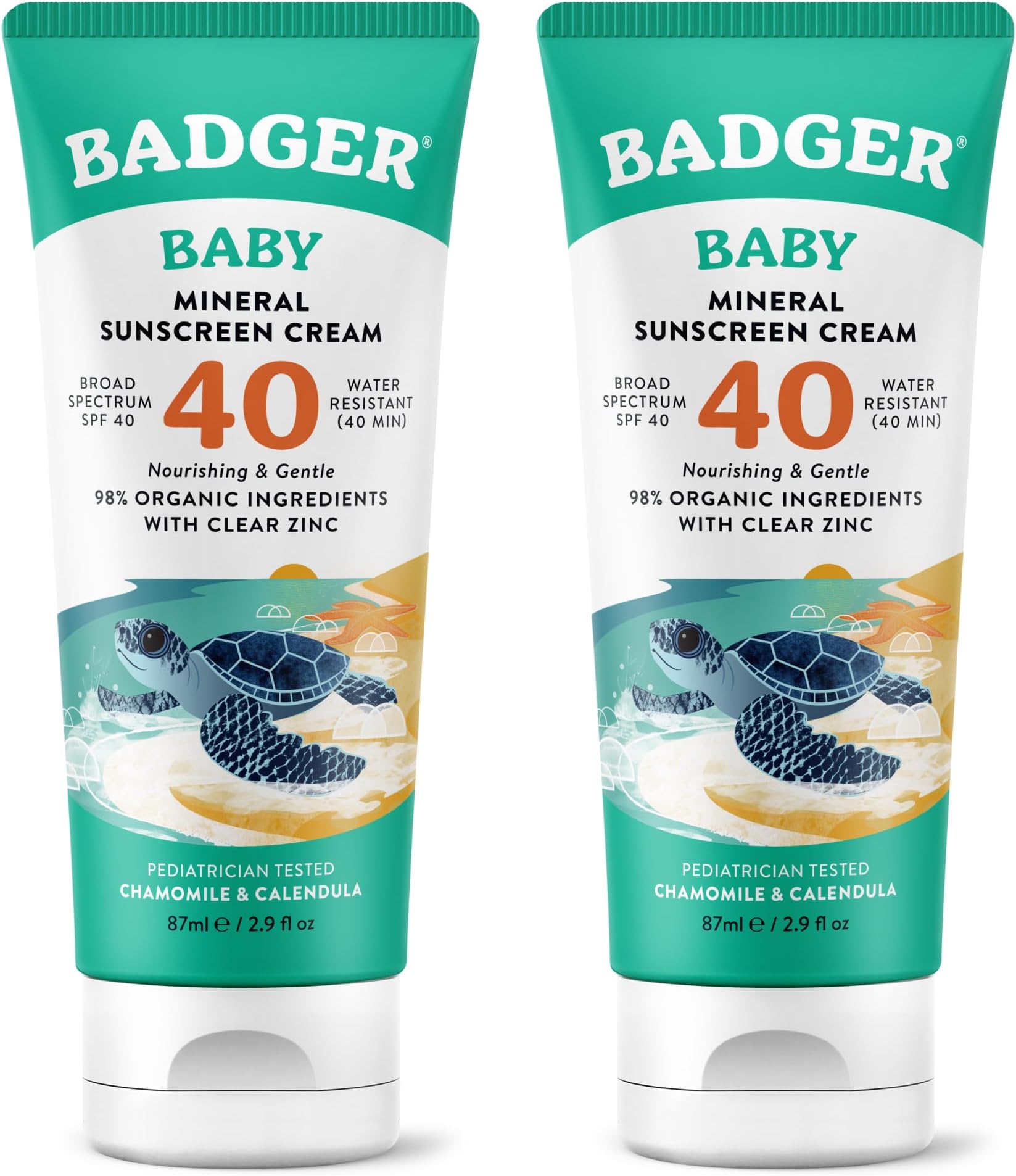Badger Mineral Baby Sunscreen Cream SPF 40, 98% Organic Toddler Sunscreen with Zinc Oxide, Broad Spectrum, Reef Safe, Water Resistant, Pediatrician Tested Baby Sunblock, 2.9 fl oz, 2-Pack